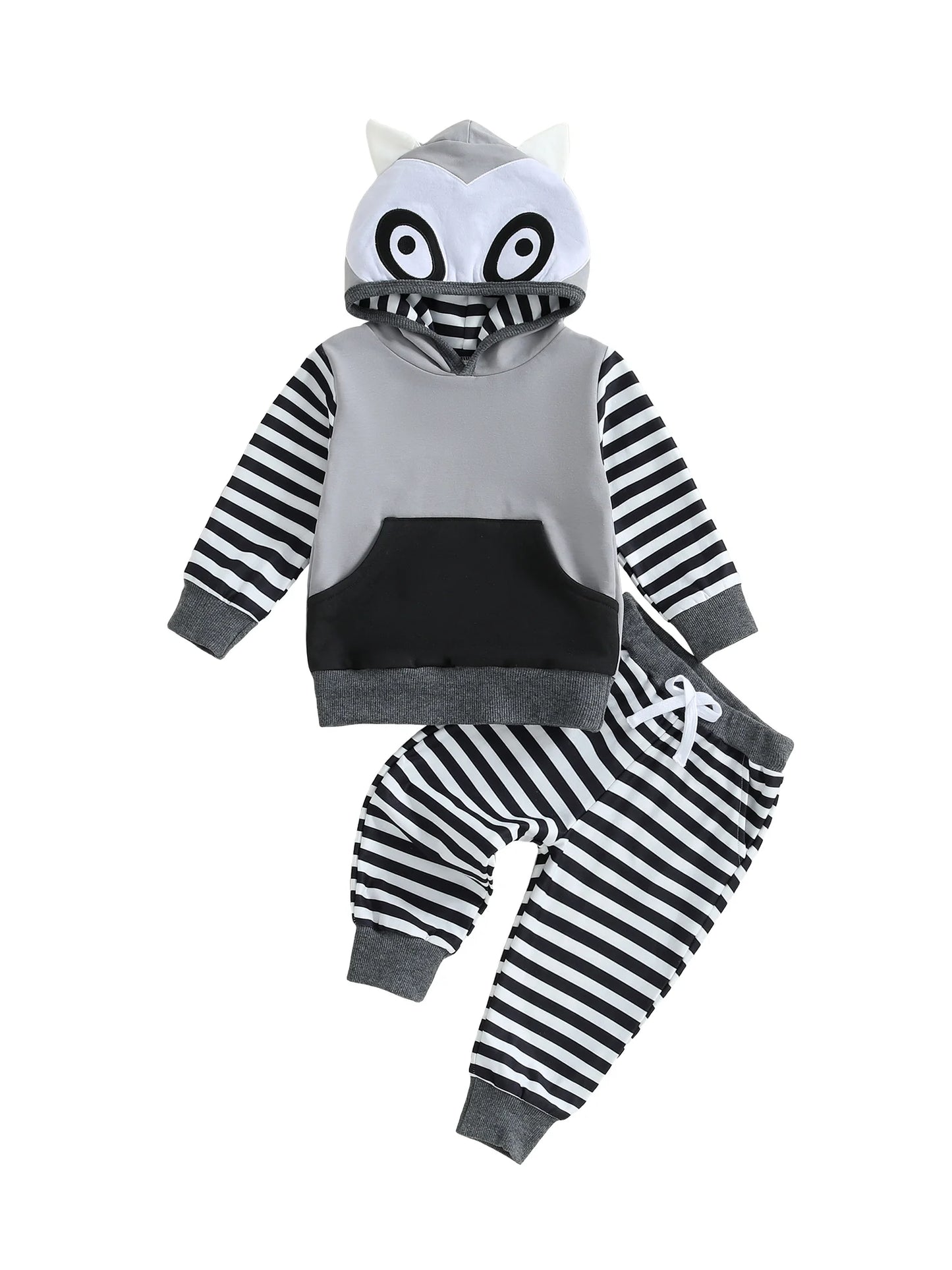 Baby Toddler Boy 2Pcs Fall Outfits Long Sleeve Animal Dinosaur Lemur Hoodies + Elastic Waist Stripe Pants 2Pcs Jogger Set