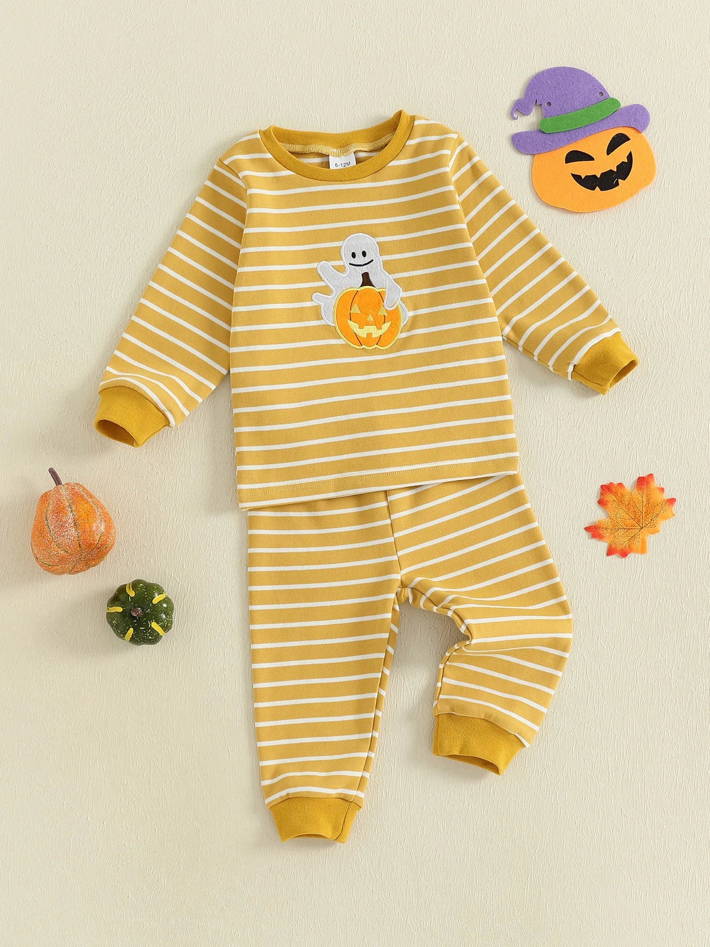 Baby Toddler Girls Boys 2Pcs Halloween Pajamas Set Long Sleeve Embroidery Pumpkin Ghost Top with Striped Pants Sleepwear