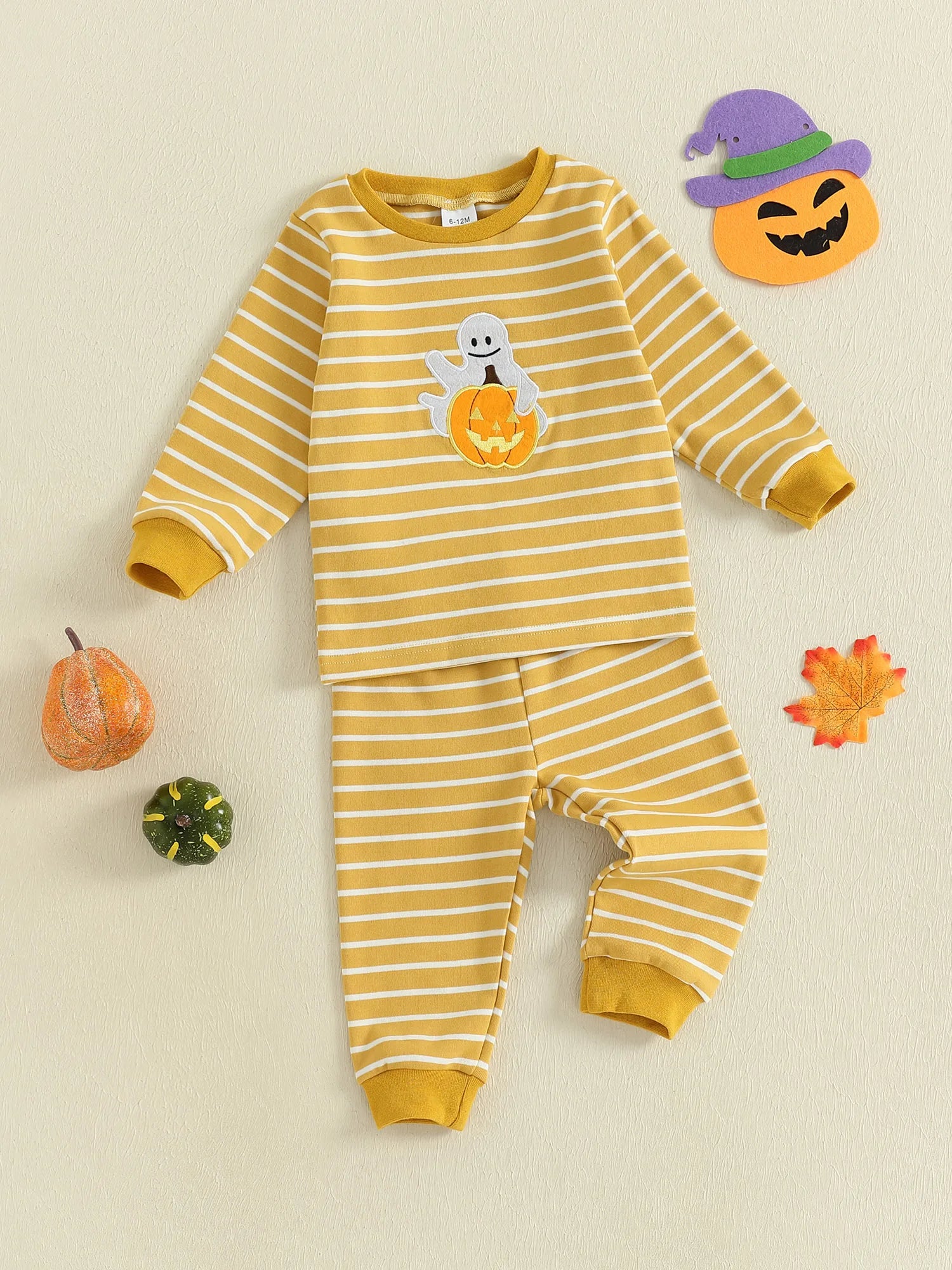 Baby Toddler Girls Boys 2Pcs Halloween Pajamas Set Long Sleeve Embroidery Pumpkin Ghost Top with Striped Pants Sleepwear