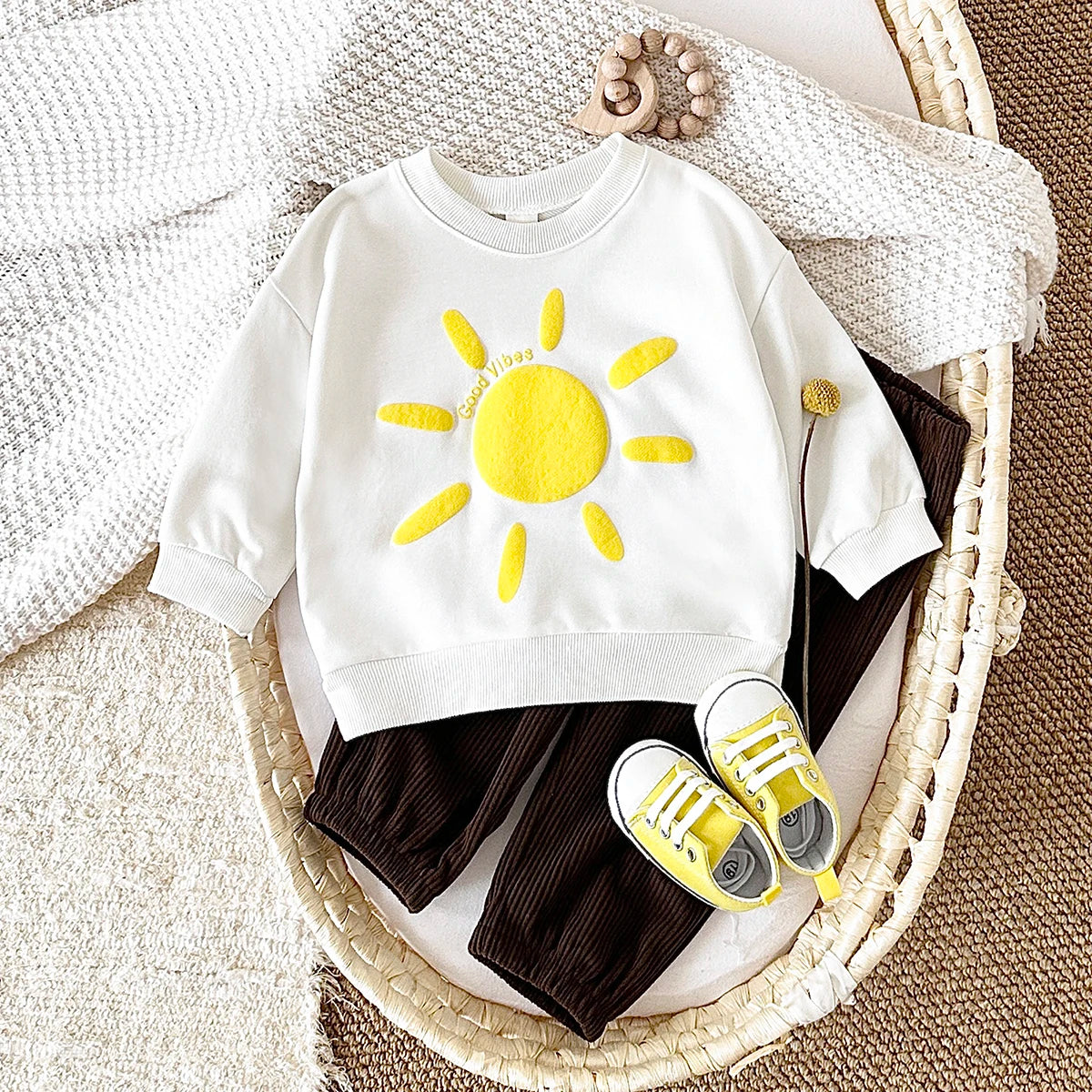 Baby Toddler Girls Boys 2Pcs Set Flowers / Waves / Sun Good Vibes Letters Print Pullover Long Sleeve Crewneck Top + Corduroy Pants Outfit