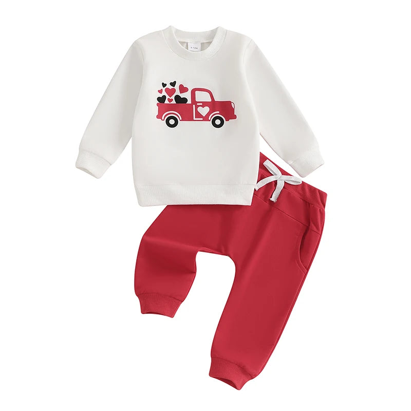 Baby Toddler Boys Girls 2Pcs Valentine's Day Outfit Heart Truck / Infinity You Me / Candy Hearts Print Crew Neck Long Sleeve Top Long Pants Valentines Jogger Set