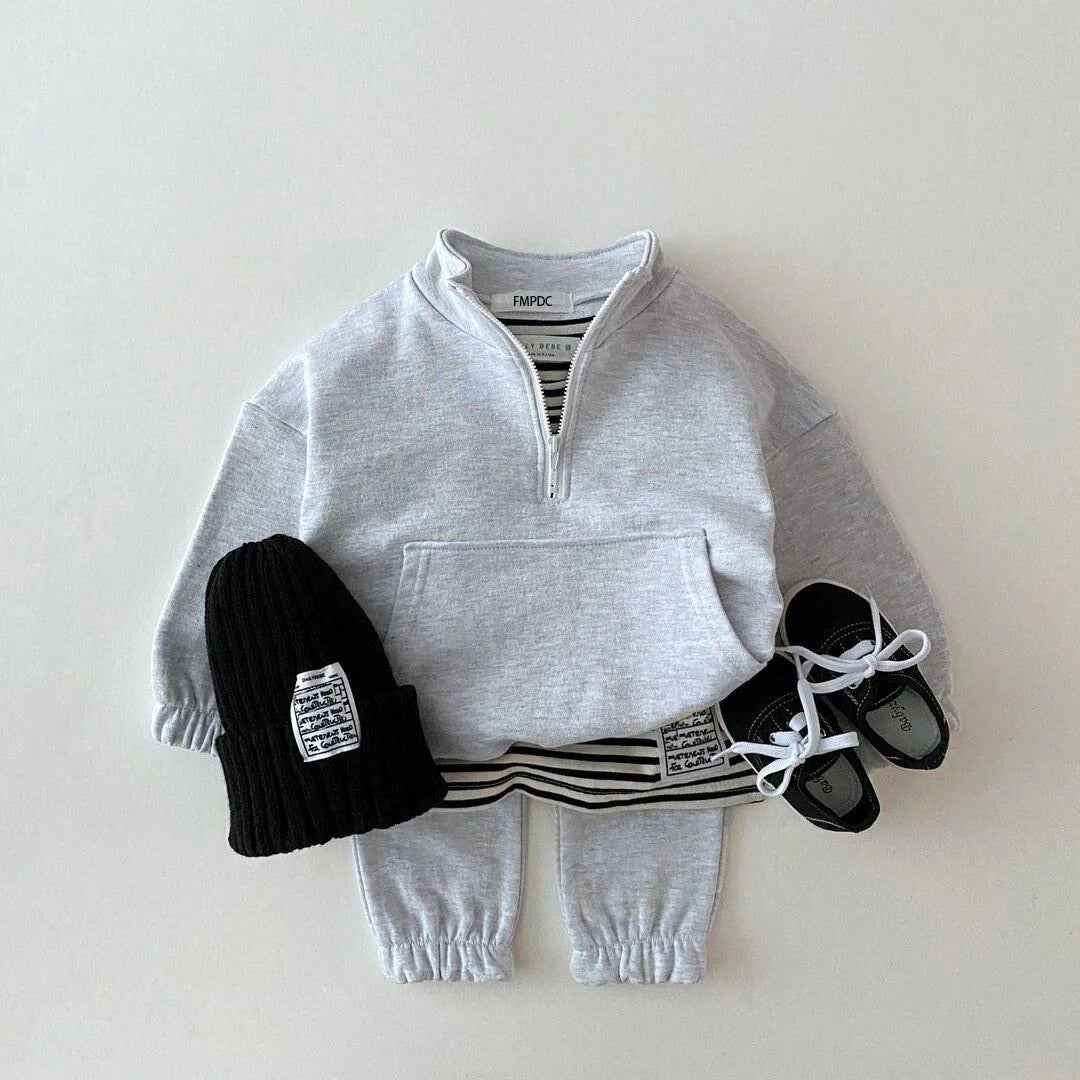 Baby Toddler Boys Girls 2Pcs Jogger Set Quarter Zip Long Sleeve Cotton Top + Pants Outfit