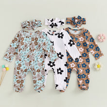 Load image into Gallery viewer, Baby Girl 2Pcs Fall Romper Outfits Long Sleeve Floral Print Zip Up Jumpsuit Headband Boy Set
