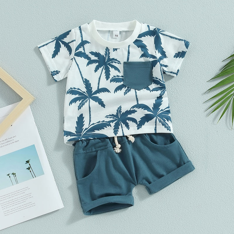 Toddler Baby Boy 2Pcs Palm Tree Print Short Sleeve Crew Neck T-Shirts Shorts Outfit