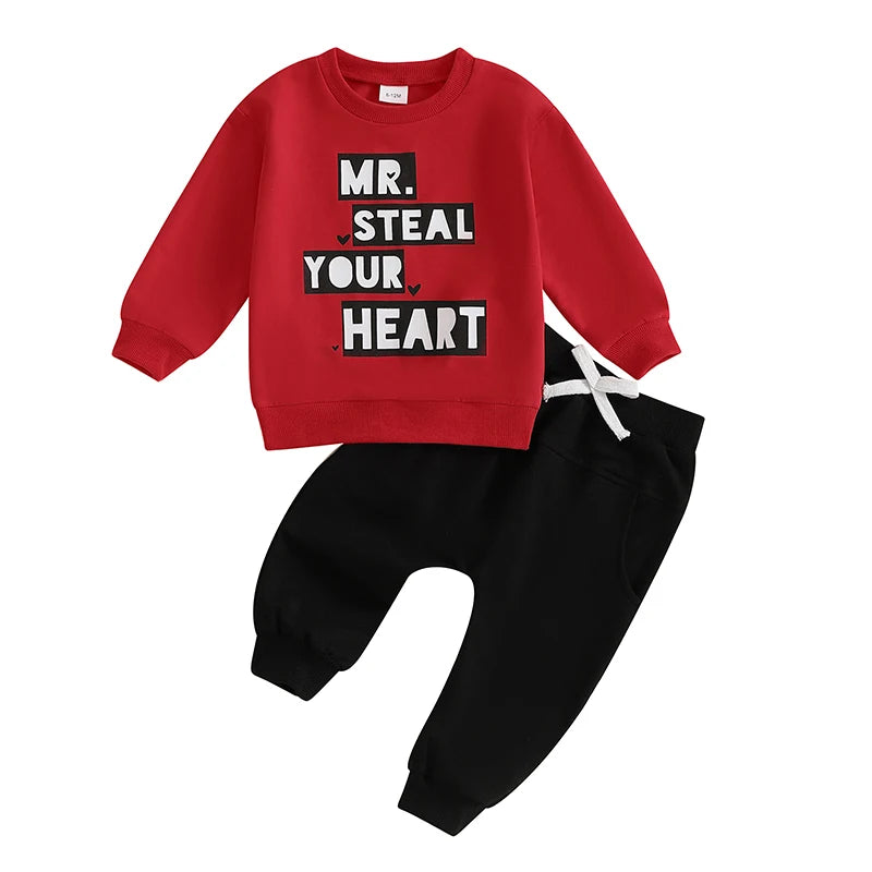 Baby Toddler Boys 2Pcs Mr. Steal Your Heart Outfit Long Sleeve Letters Print Crewneck Top with Pants Valentine’s Day Jogger Set