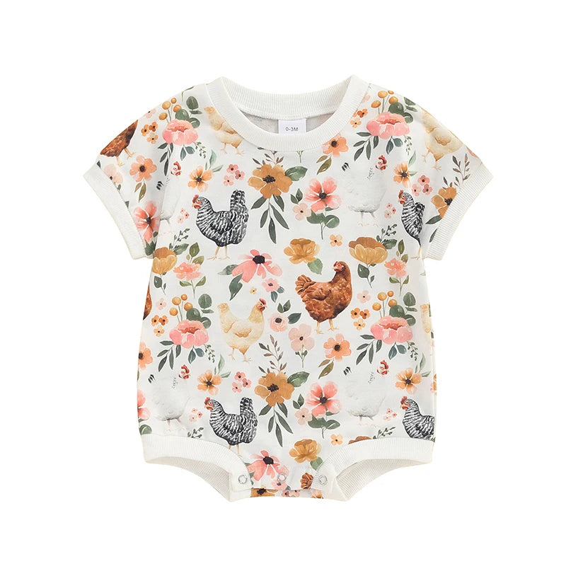 Baby Girls Romper Floral Farm Hen Chicken Flower Print Round Neck Short Sleeve Jumpsuits Casual Clothes