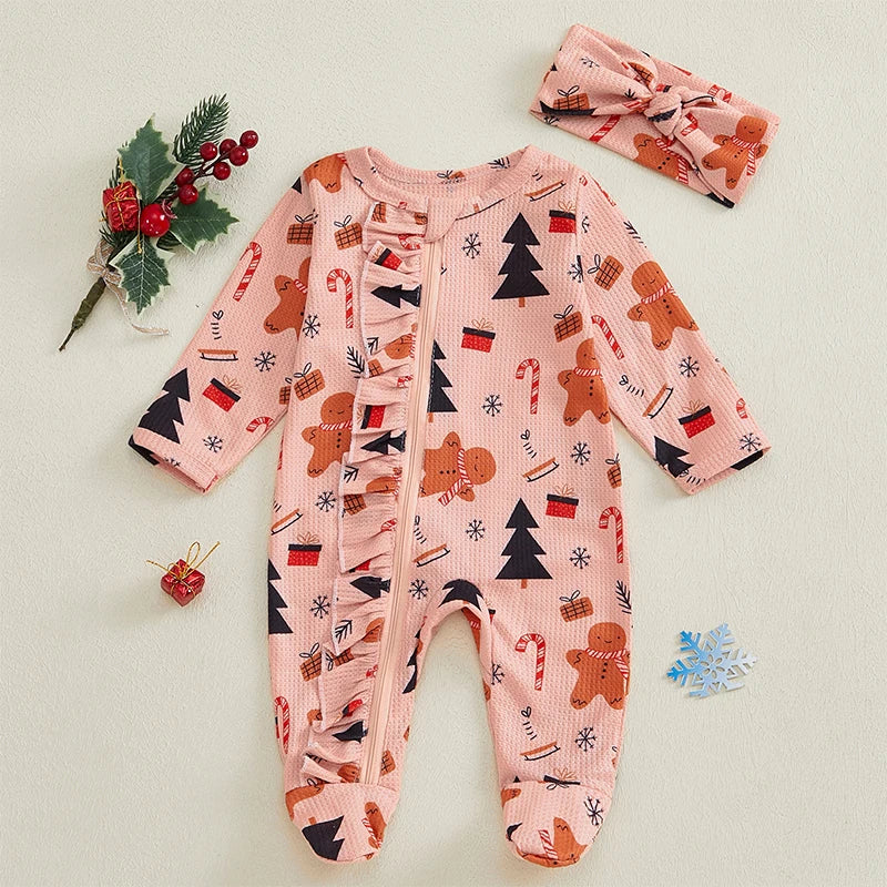 Girls Boys Christmas Jumpsuit Long Sleeve Christmas Tree Gingerbread Candy Cane Print Zipper Waffle Romper with Hat or Bow Headband