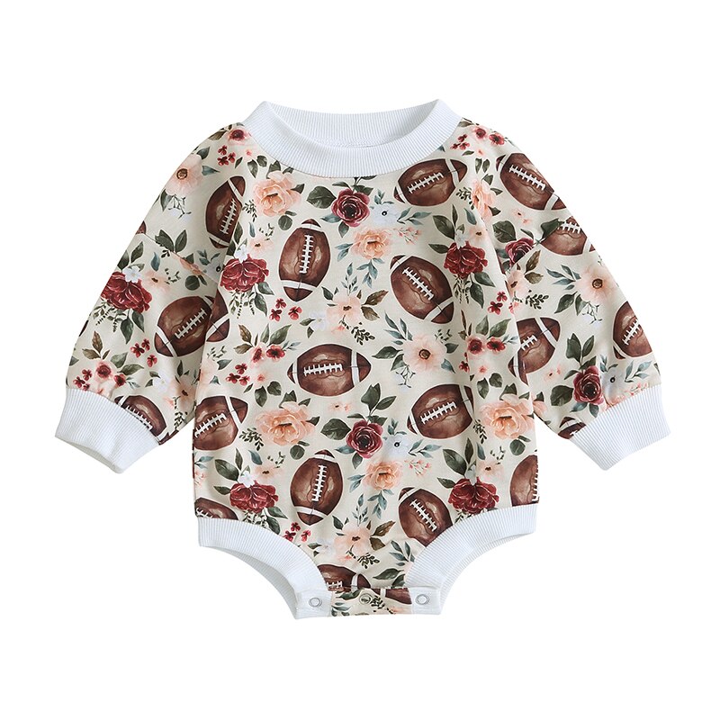 Baby Boy Girl Fall Bodysuit Long Sleeve Round Neck Football Print Jumpsuit Romper