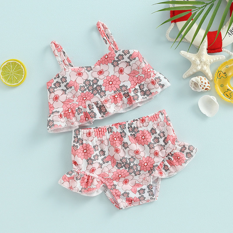Baby Toddler Girls 2Pcs Bikini Sets Scale/Shell/Floral Print Sleeveless Tank Top and Bottoms Bathing Suit Set