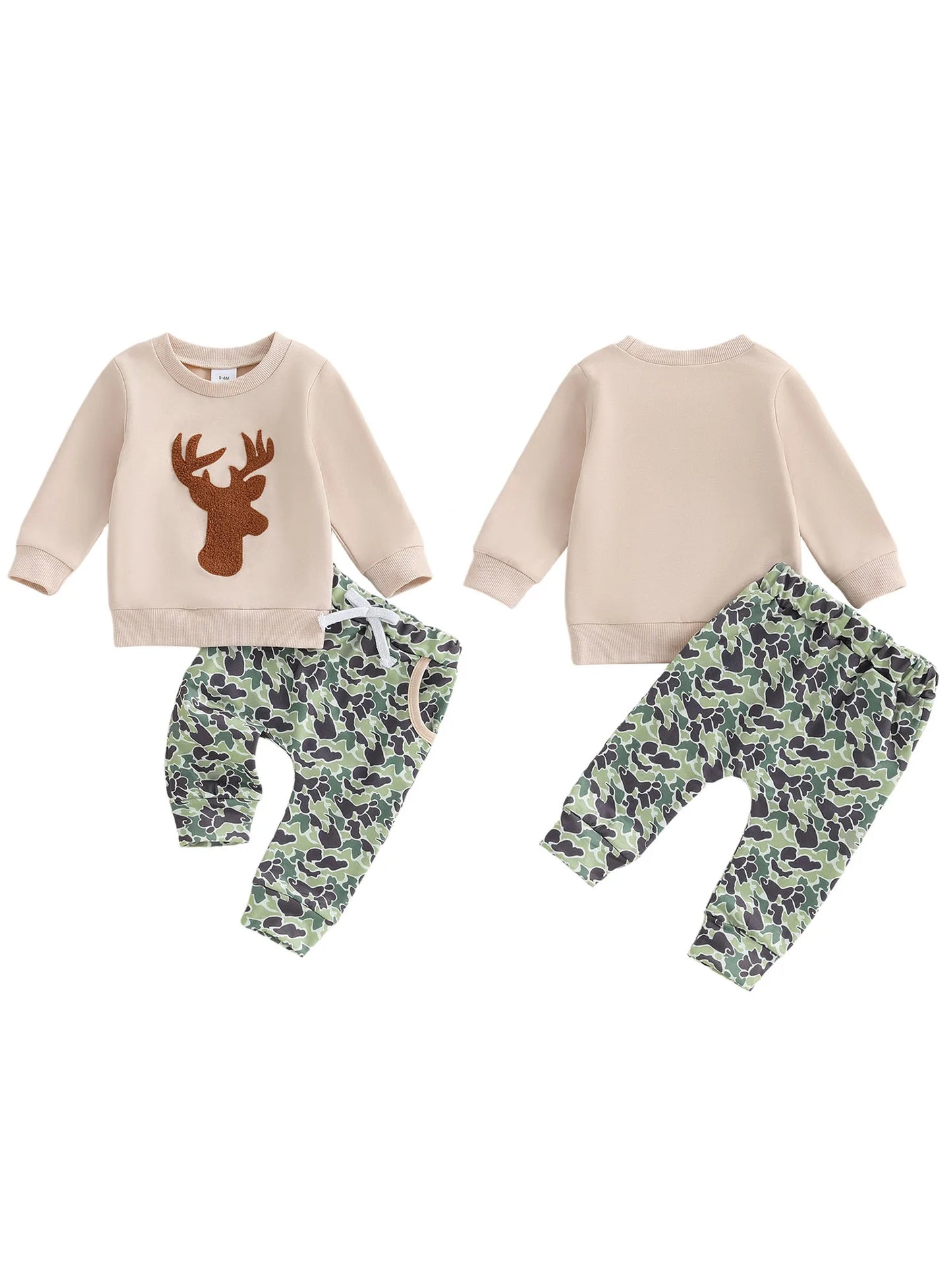 Baby Toddler Boys 2Pcs Fall Outfit Deer Print Long Sleeve Crewneck Top and Elastic Camouflage Pants Clothes Jogger Set