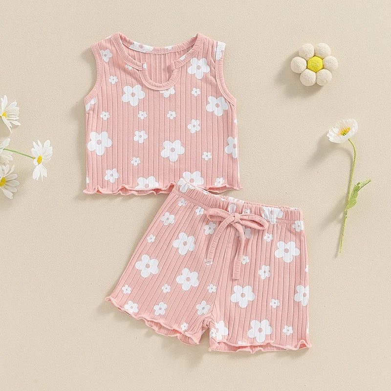 Baby Toddler Kids Girls 2PCS Sleeveless Round Neck Floral Flowers Print Tank Top with Elastic Waist Shorts Set