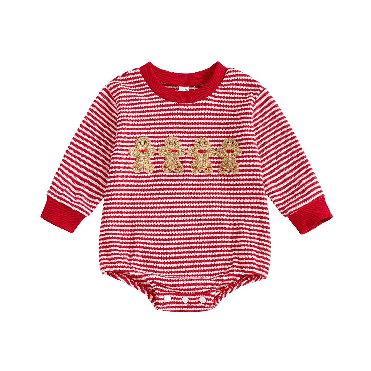 Baby Girls Boys Striped Romper Fashionable Christmas Gingerbread Embroidery Round Neck Long Sleeve Jumpsuit