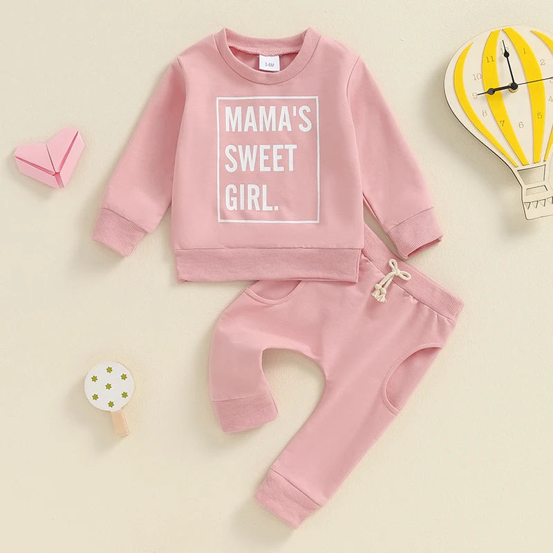 Baby Toddler Girls 2Pcs Mama's Sweet Girl Fall Outfit Classic Letter Print Long Sleeve Pullover Top + Long Pants Set