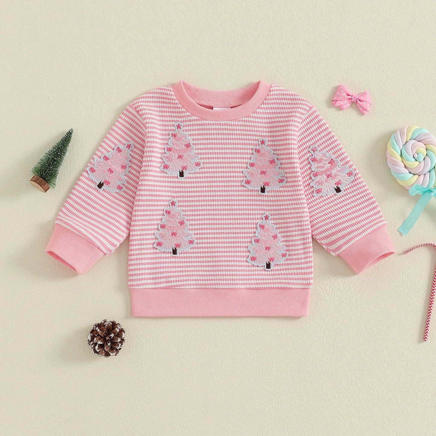 Baby Toddler Girl Christmas Top Christmas Tree Embroidered Striped Crew Neck Long Sleeve Pullover