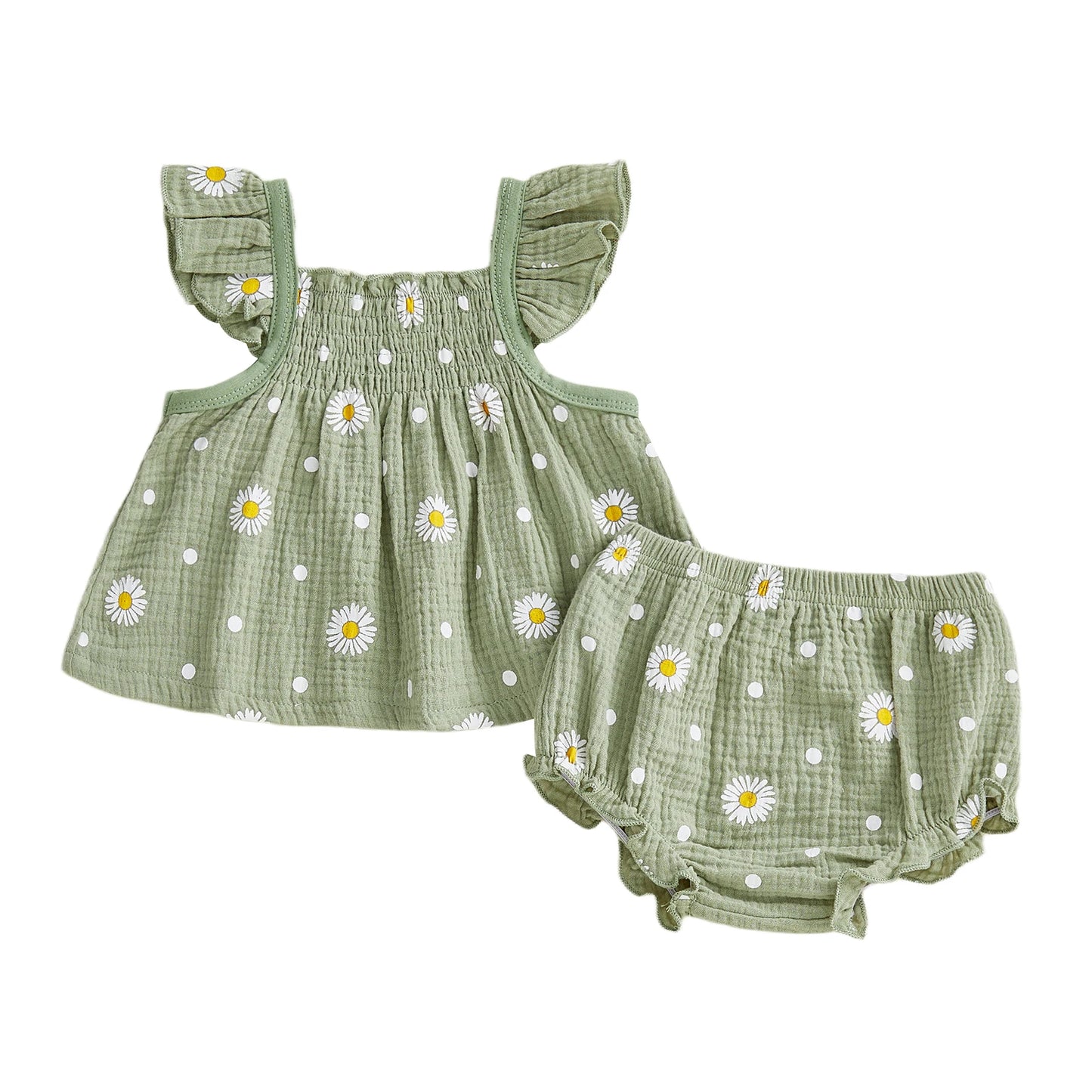 Baby Toddler Girls 2Pcs Summer Outfit Sleeveless Square Collar Daisy Print Ruffled Top and Bloomers Shorts 2 Piece Set