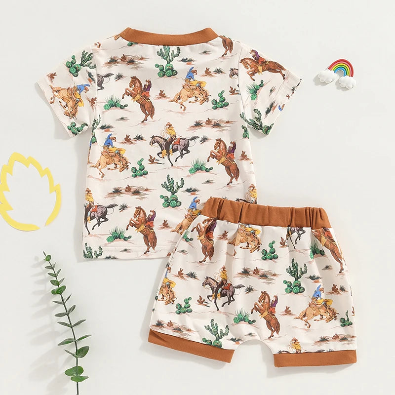 Baby Toddler Boys 2Pcs Western Outfit Short Sleeve Cactus Cattle Cow Horse Cowboy Print Top and Drawstring Shorts Set