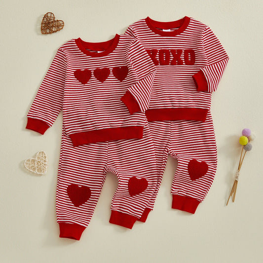 Baby Toddler Girls Boys XOXO Jogger Set Long Sleeve Striped Top with Heart Pants Valentines Day Clothes