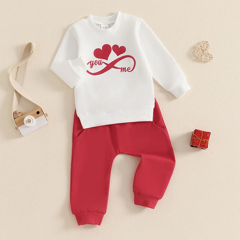 Baby Toddler Boys Girls 2Pcs Valentine's Day Outfit Heart Truck / Infinity You Me / Candy Hearts Print Crew Neck Long Sleeve Top Long Pants Valentines Jogger Set