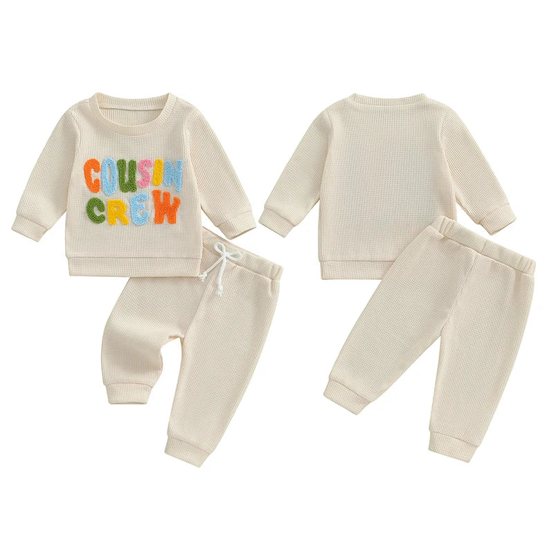 Baby Toddler Girls Boys 2Pcs Cousin Crew Set Long Sleeve O-Neck Embroidery Letter Top with Elastic Waist Pants Outfit Set