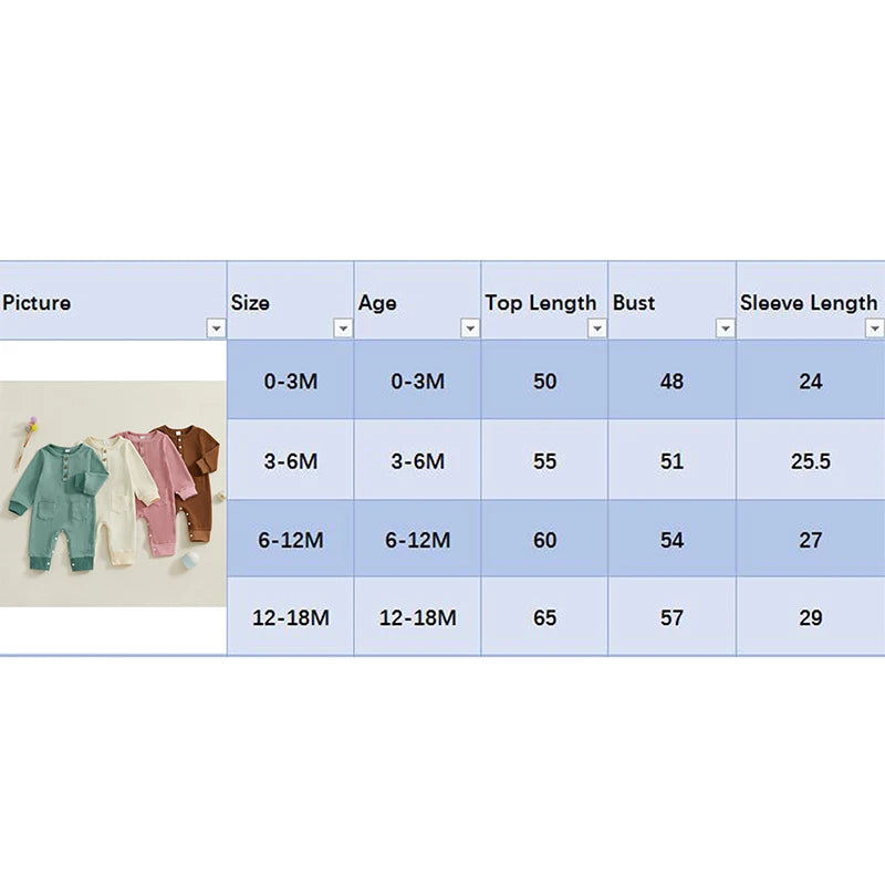 Baby Girls Boys Romper Solid Color Buttons Pockets O-Neck Long Sleeve Spring Jumpsuit