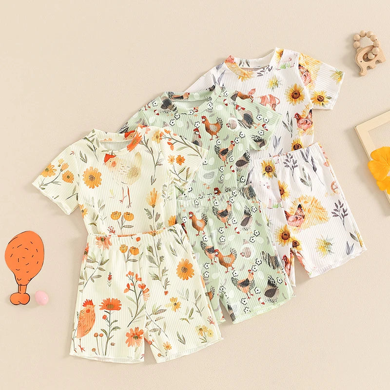 Toddler Kids Girls 2Pcs Clothes Set Chicken Cow Flower Print Short Sleeve Top with Shorts Summer Outfit