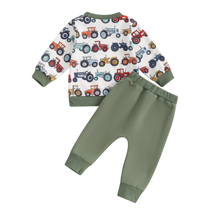 Baby Toddler Boys 2Pcs Set Long Sleeve Crew Neck Tractor Print Top with Elastic Waist Pants Outfit