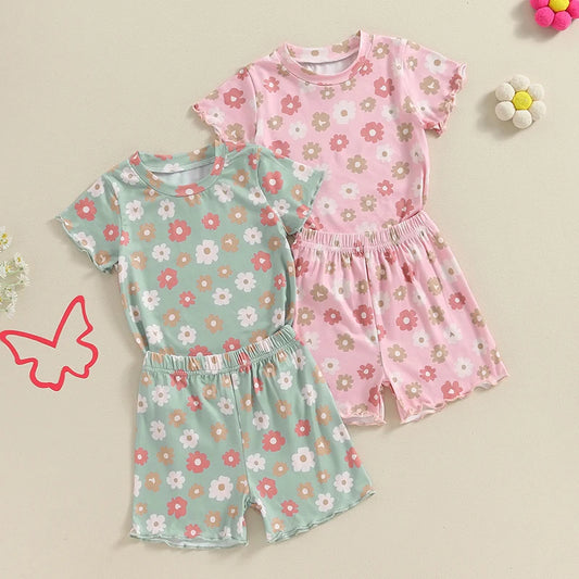 Baby Toddler Girls 2Pcs Flowers Short Sleeve O Neck Floral Print Top Matching Shorts Set Outfit