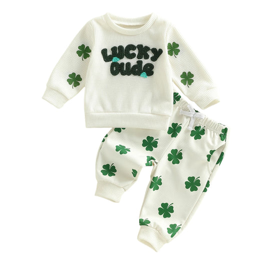 Baby Toddler Boys 2Pcs Lucky Dude St. Patrick's Day Outfits Long Sleeve Crew Neck Letter Shamrock Embroidery Top and Elastic Waist Pants Jogger Set