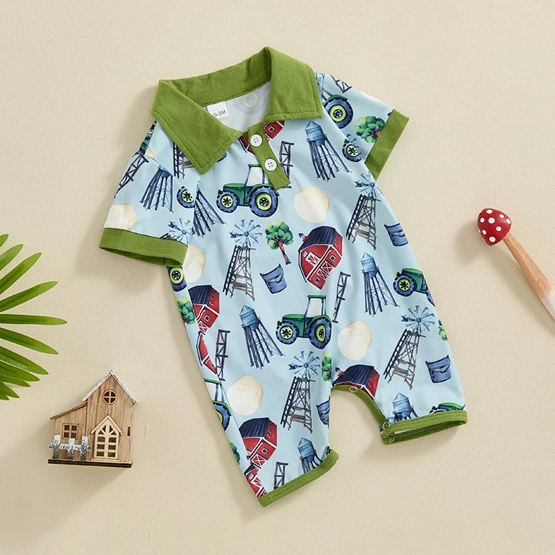 Baby Boys Summer Button Collar Romper Short Sleeve Lapel Western Cowboy Horse Tractor Farm Cactus Cow Print Jumpsuit