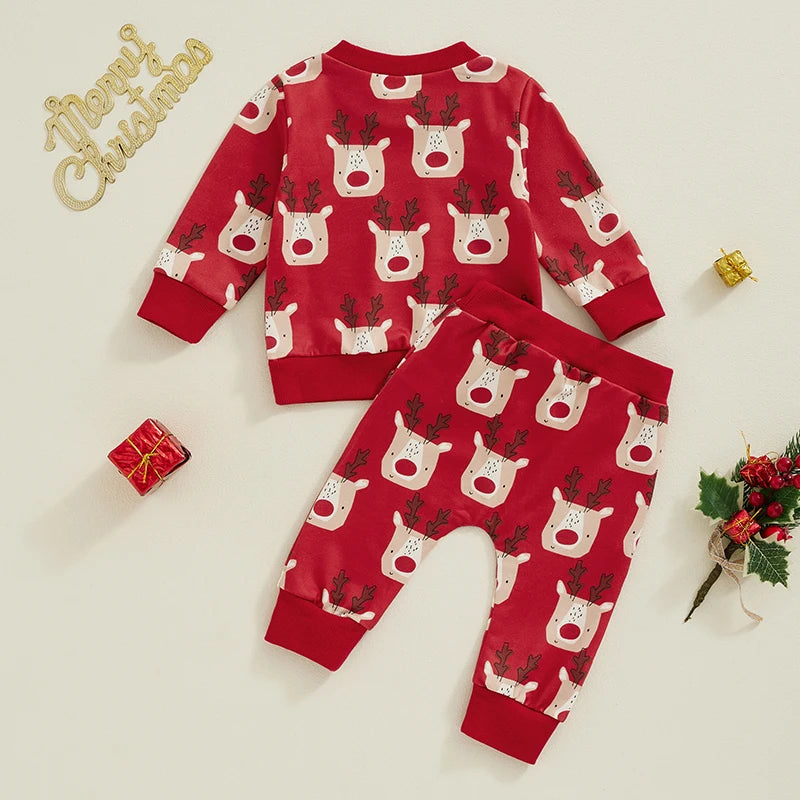 Baby Toddler Boys Girls Christmas Set Cartoon Reindeer Print Long Sleeve Crewneck Top with Elastic Waist Pants Outfit