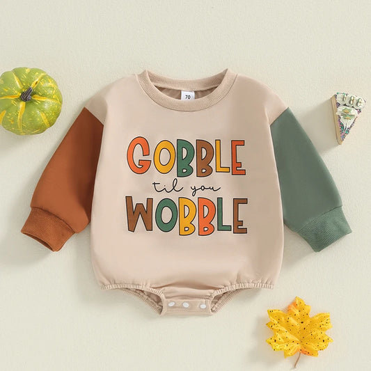 Baby Boys Girls Gobble Til You Wobble Thanksgiving Casual Romper Long Sleeve Crew Neck Letter Print Contrast Color Jumpsuit