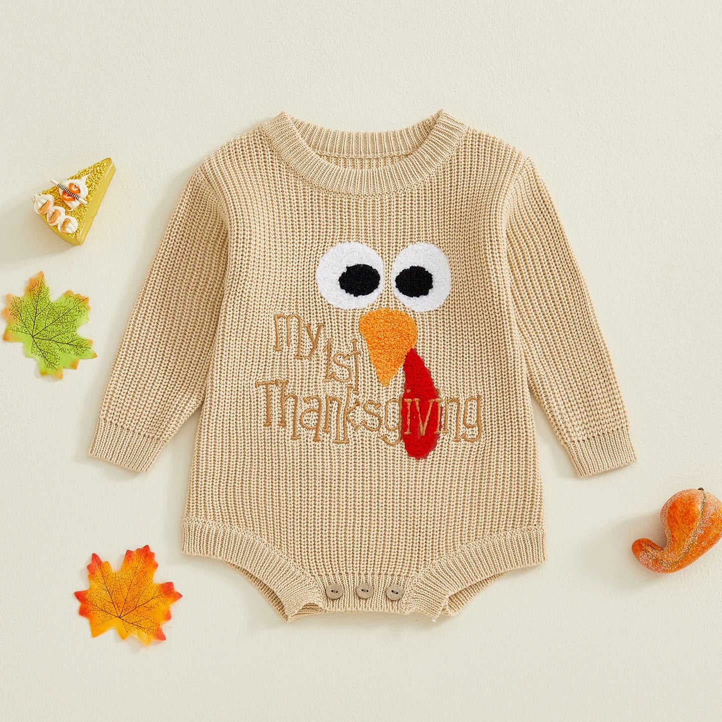 Baby Boys Girls My First Thanksgiving Romper Turkey Embroidery Long Sleeve Crew Neck Knit Bodysuit Romper