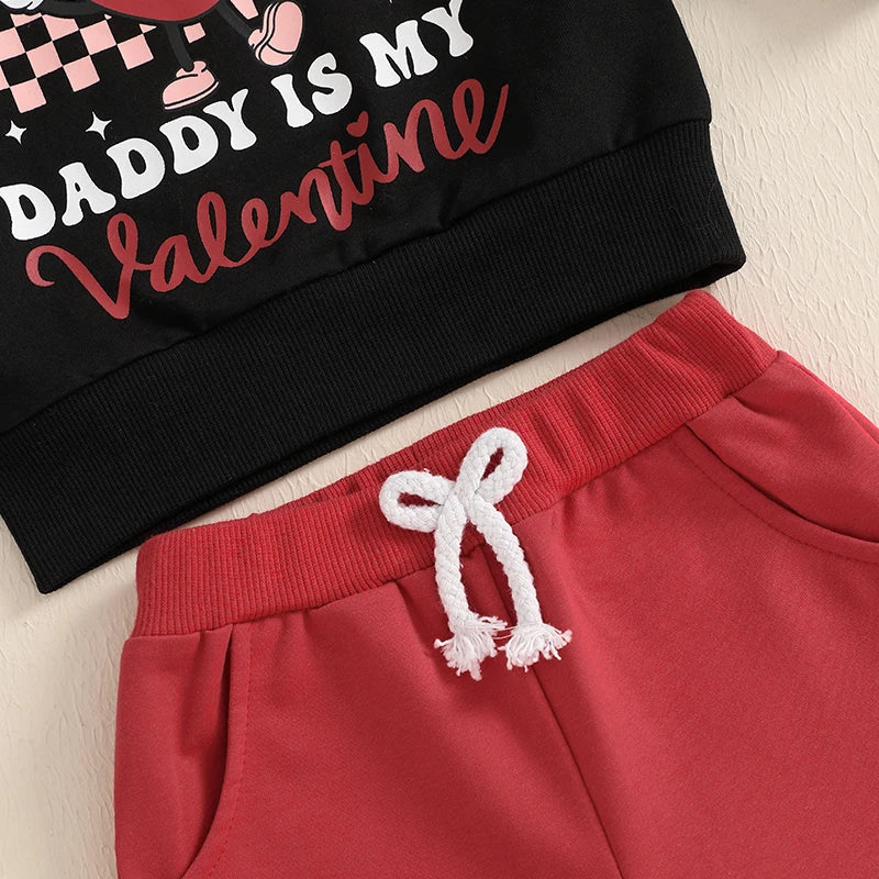 Baby Toddler Girls 2Pcs Sorry Boys Daddy Is My Valentine Valentine's Day Outfit Letter Heart Print Long Sleeve Top with Solid Color Long Pants Jogger Set Valentines