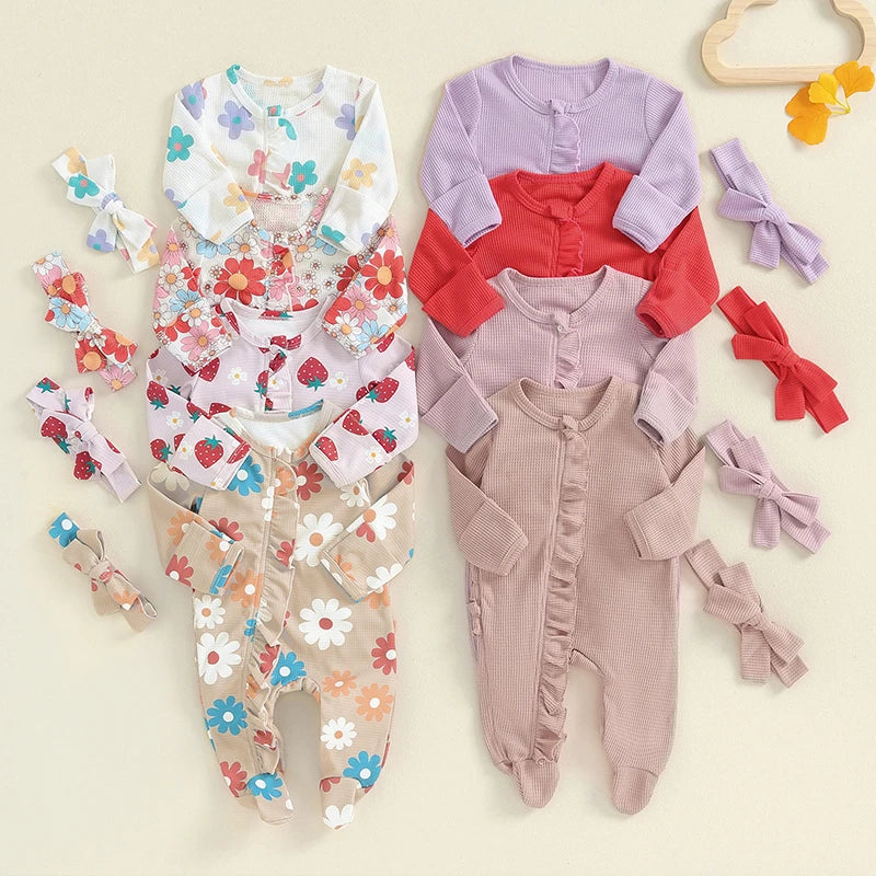 Baby Girls 4Pcs Outfit Long Sleeve Crew Neck Frills Solid and Flower / Strawberry Footie Jumpsuit and Headband Fall Sets