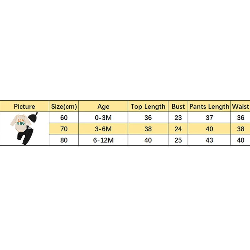 Baby Boys 3Pcs Lil Bro Outfit Letter Print Long Sleeve Romper Elastic Waist Pants Hat Set