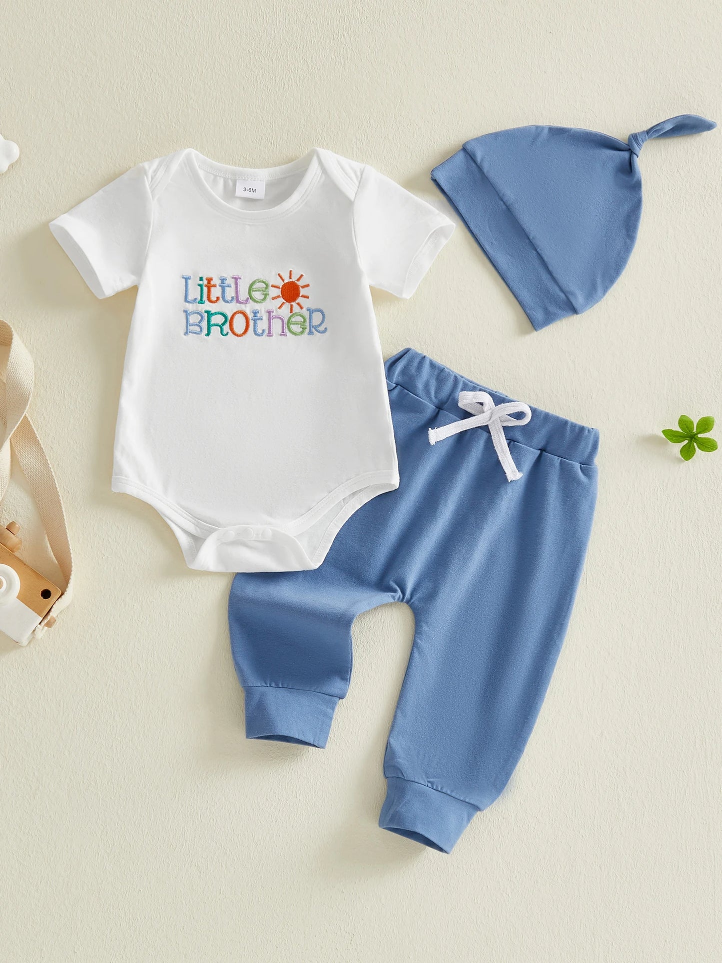 Baby Boys 3Pcs Little Brother Clothing Set Fashionable Short Sleeve Letters Embroidery Romper with Jogger Pants Hat Outfit