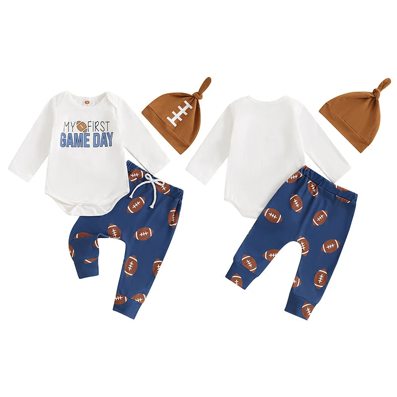 Baby Boy 3Pcs My First Game Day Fall Outfit Letter Print Long Sleeve Romper with Football Pattern Pants and Hat Set