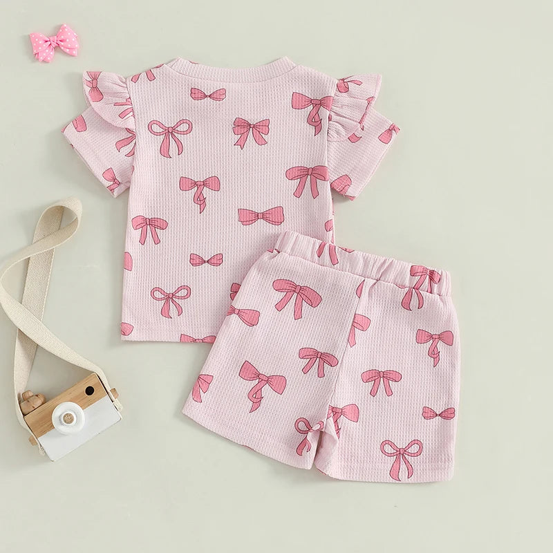 Baby Toddler Girls 2Pcs Summer Clothes Bow Print Short Frill Sleeve O-Neck T-Shirt Top with Elastic Waist Shorts Set Outfit