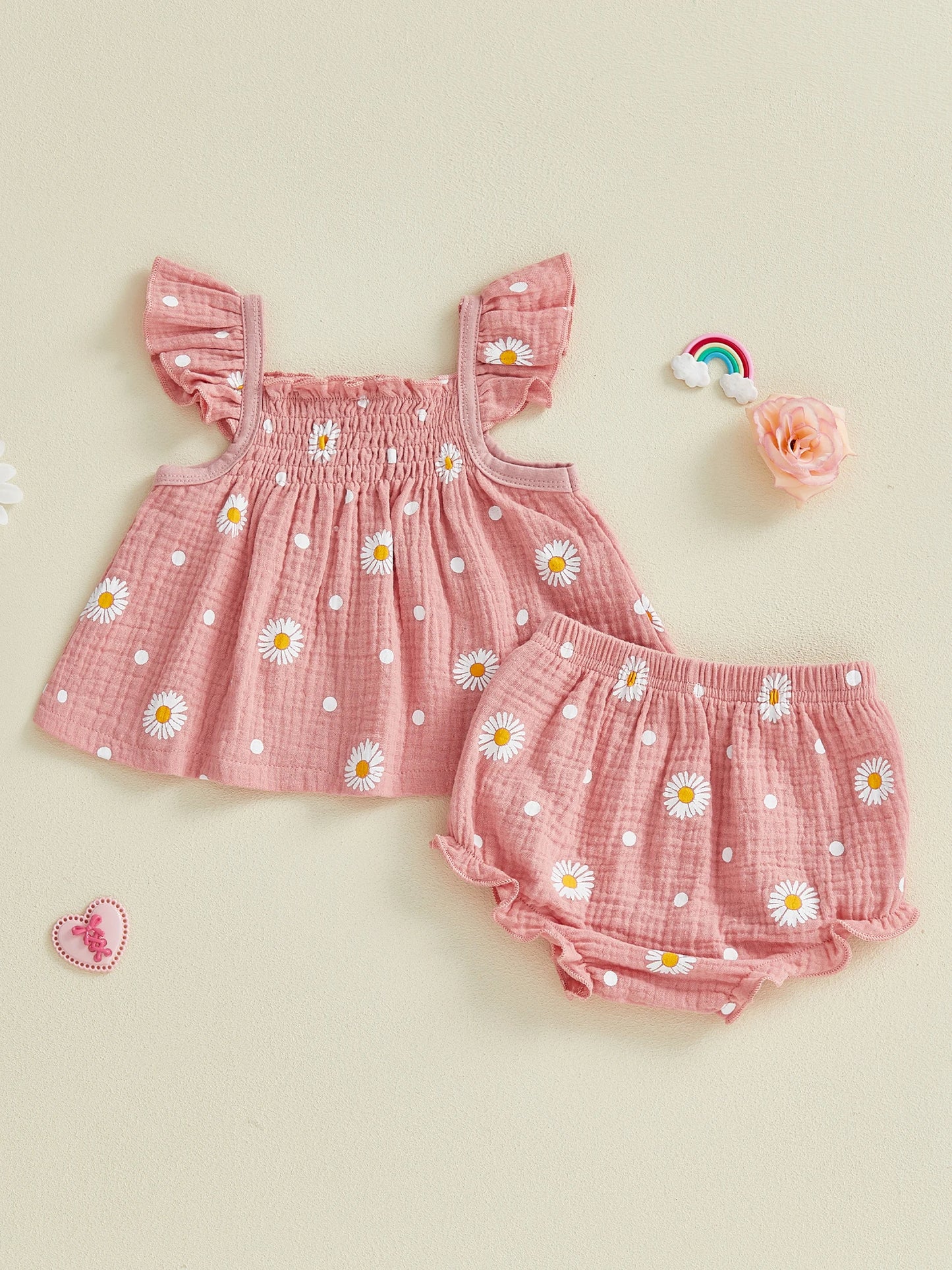 Baby Toddler Girls 2Pcs Summer Outfit Sleeveless Square Collar Daisy Print Ruffled Top and Bloomers Shorts 2 Piece Set