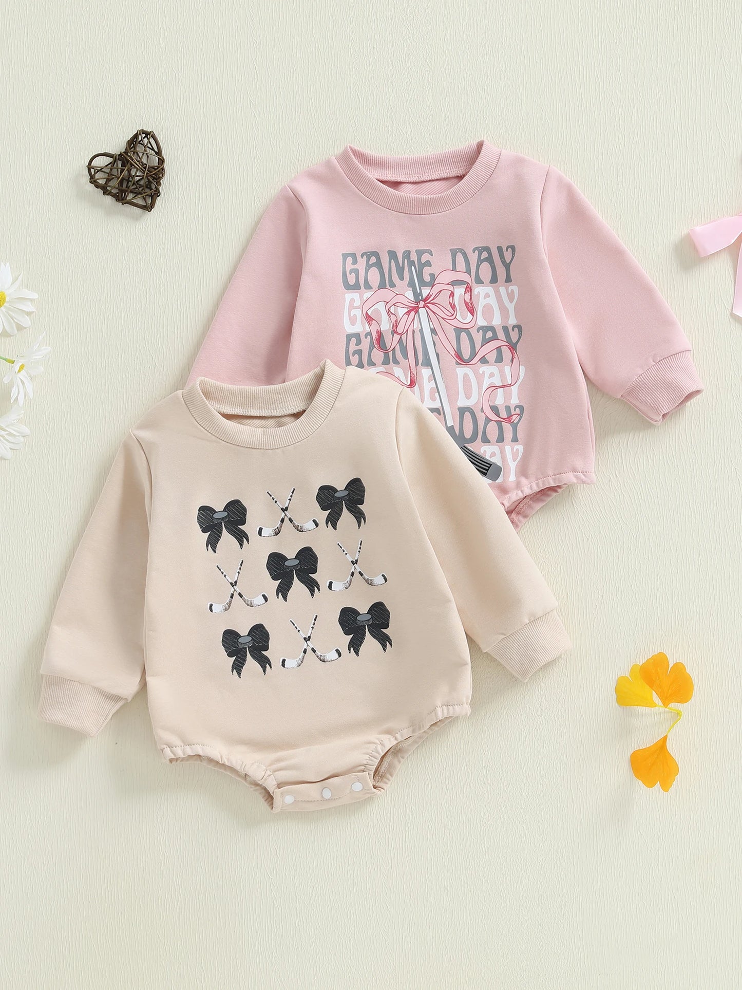 Baby Girls Fall Romper Bow Hockey / Game Day Letter Print Long Sleeve Round Neck Bubble Jumpsuit