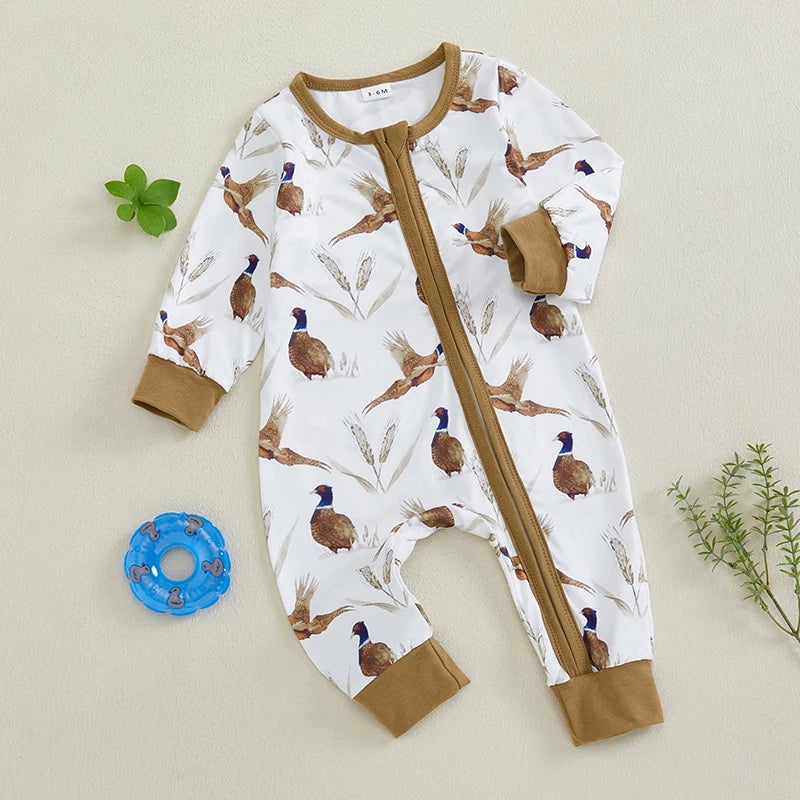 Baby Boys Girls Romper Soft Bird Wheat Ear Pattern Zipper Long Sleeve Crew Neck Jumpsuit