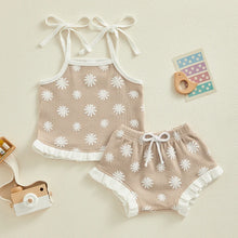 Load image into Gallery viewer, Baby Girl 2Pcs Clothes Set Tank Top Waffle Floral Top + Ruffles Flowers Shorts Set Outfit
