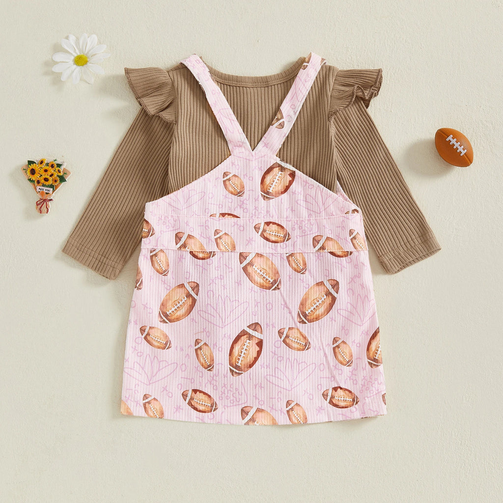 Baby Toddler Girls 2Pcs Fall Outfit Long Sleeve Romper + Football Print Overall Dress Set Clothes