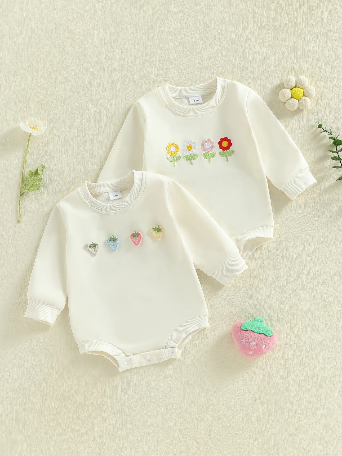 Baby Girls Spring Romper Strawberry Flower Embroidery Long Sleeve Round Neck Bubble Jumpsuit