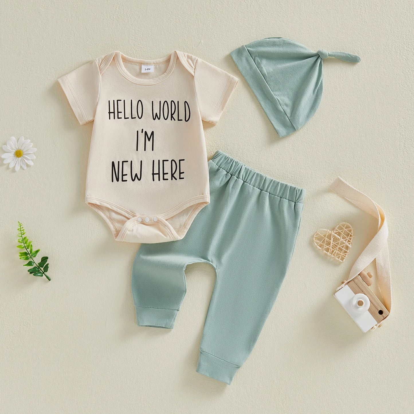 Baby Boy 3Pcs Hello World I'm New Here Summer Outfit Letter Print Crew Neck Short Sleeve Romper Pants and Hat Set