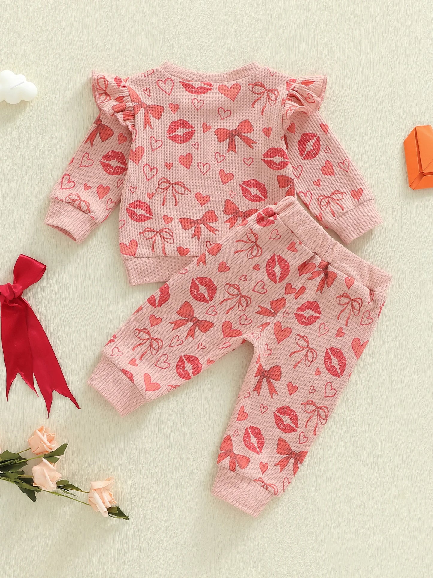 Baby Toddler Girls 2Pcs Valentine's Day Outfit Heart Bow Kiss Print Long Sleeve Crew Neck Top and Elastic Waist Pants Jogger Set