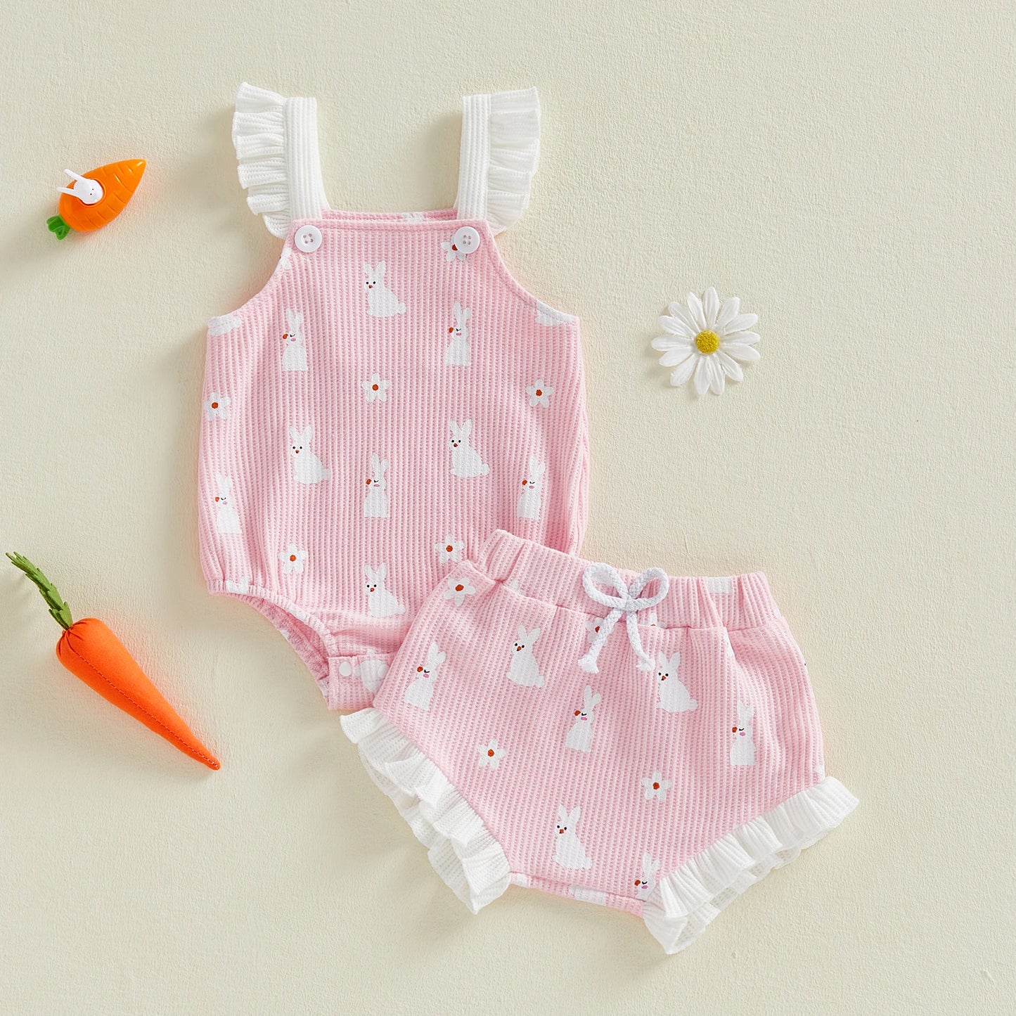 Baby Girl 2Pcs Easter Outfit Square Neck Ruffle Sleeveless Bunny Floral Print Romper Elastic Waist Bloomer Shorts Set