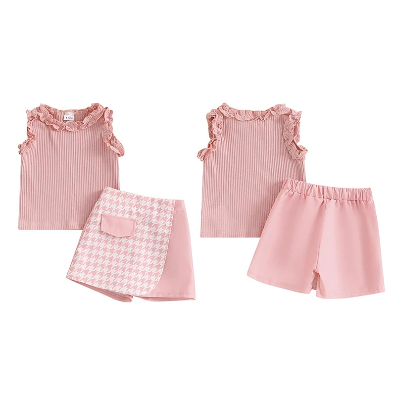 Baby Toddler Kids Girl 2Pcs Summer Outfit Solid Color Ribbed Frills Sleeveless Tank Top and Houndstooth Shorts Skirt Skort Set