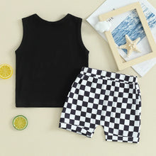 Load image into Gallery viewer, Baby Toddler Boys 2Pcs Beach Bum / The Beach Happy Place / Beach Calling Car Letter Print Sleeveless Tank Top and Checkered Elastic Waist Shorts Clothes Set Outfit
