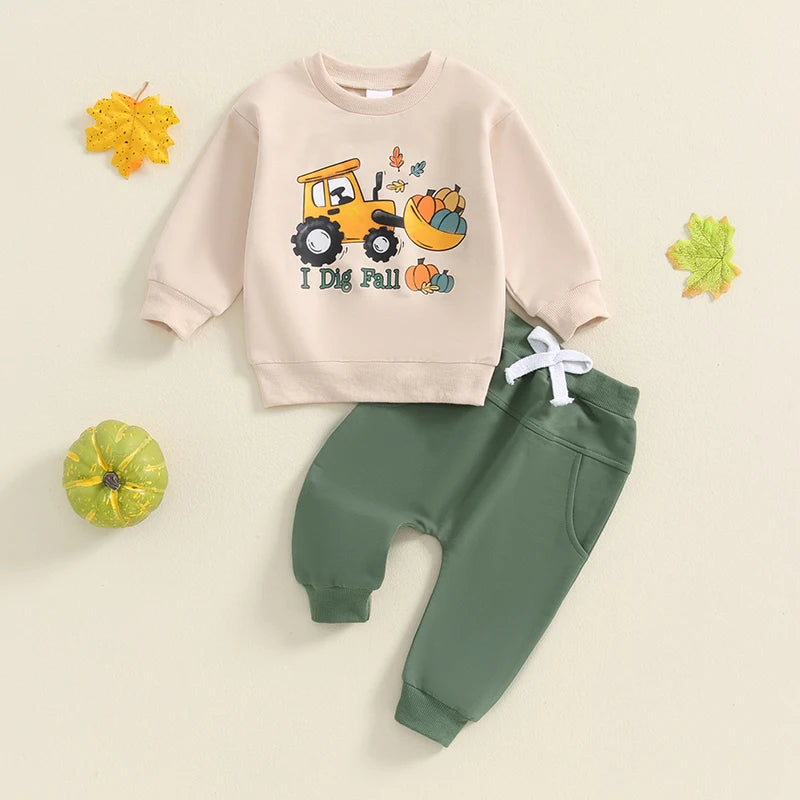 Baby Toddler Boys 2Pcs I Dig Fall Outfit Long Sleeve Tractor Pumpkin Print Top + Pants Set